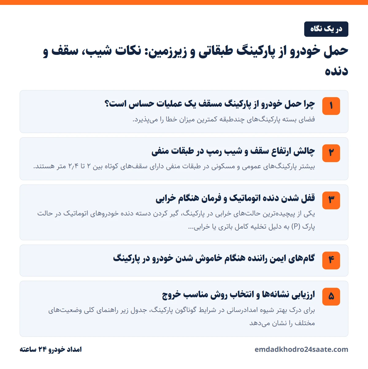 حمل خودرو از پارکینگ طبقاتی و زیرزمین: نکات شیب، سقف و دنده در یک نگاه