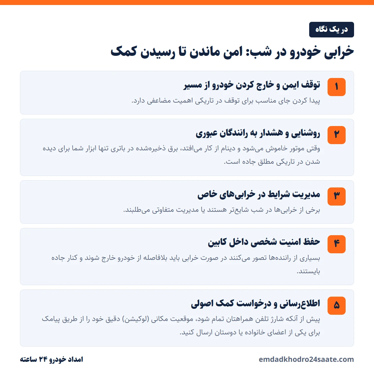 خرابی خودرو در شب: امن ماندن تا رسیدن کمک در یک نگاه